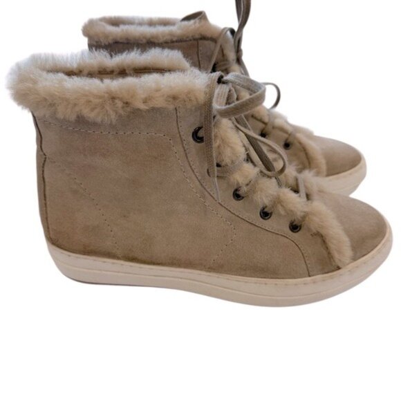 Theory Women’s High Top Suede Sneaker Size 38 EU 8 US Tan Fur Accent Lace Up - Picture 1 of 12